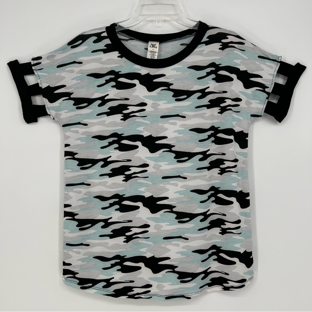 Sew In Love Womens Top Short Sleeve Blue Camo Ladder Detail Sleeve Stretch NWOT